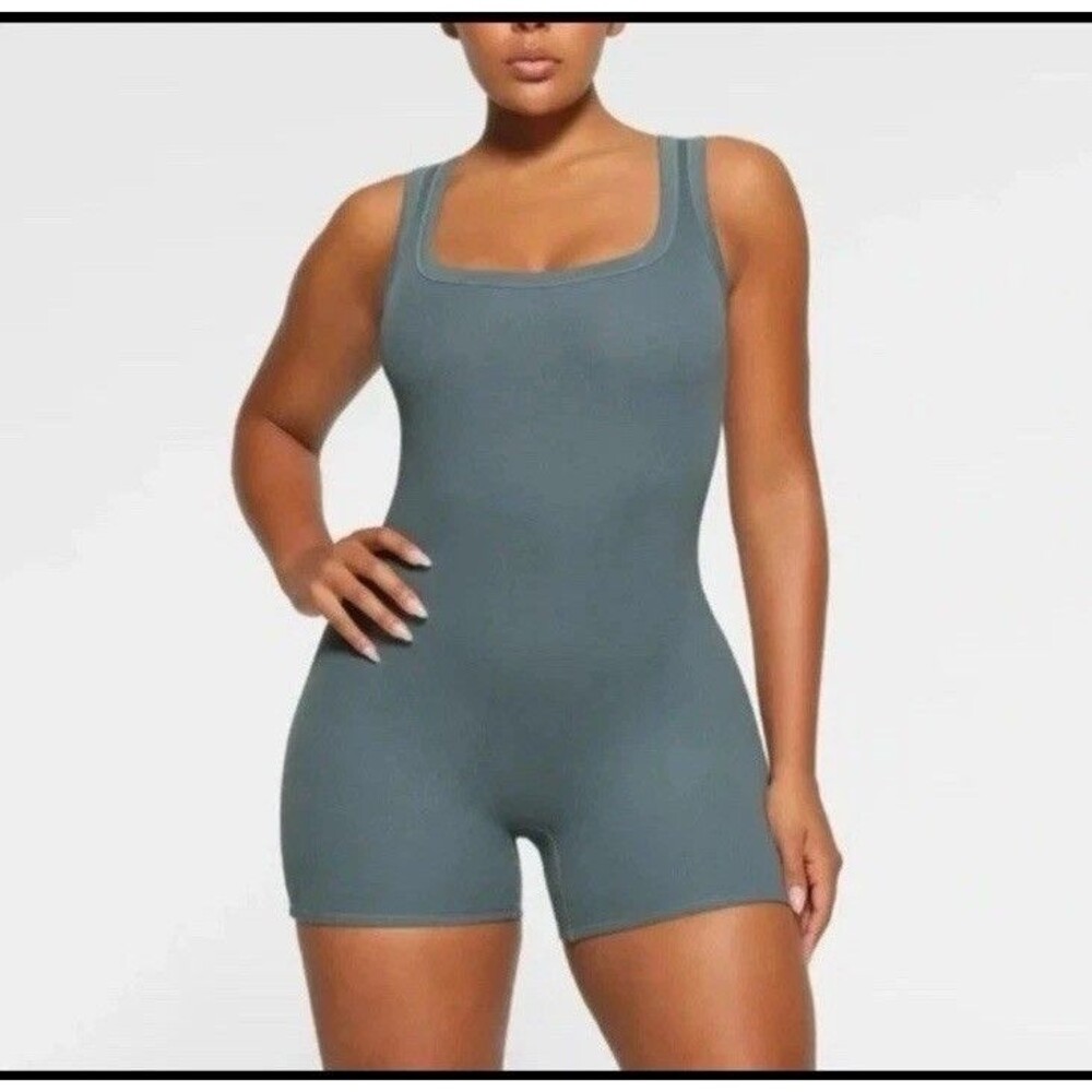 SKIMS Cotton Rib Romper Medium Slate Blue Body Suit One Piece Scoop Neck Tank